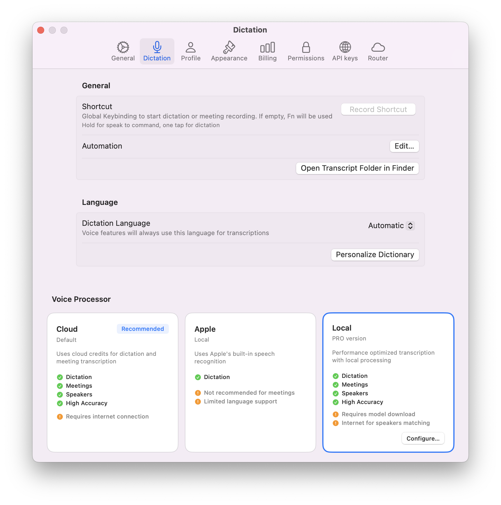 Configure local transcription engine
