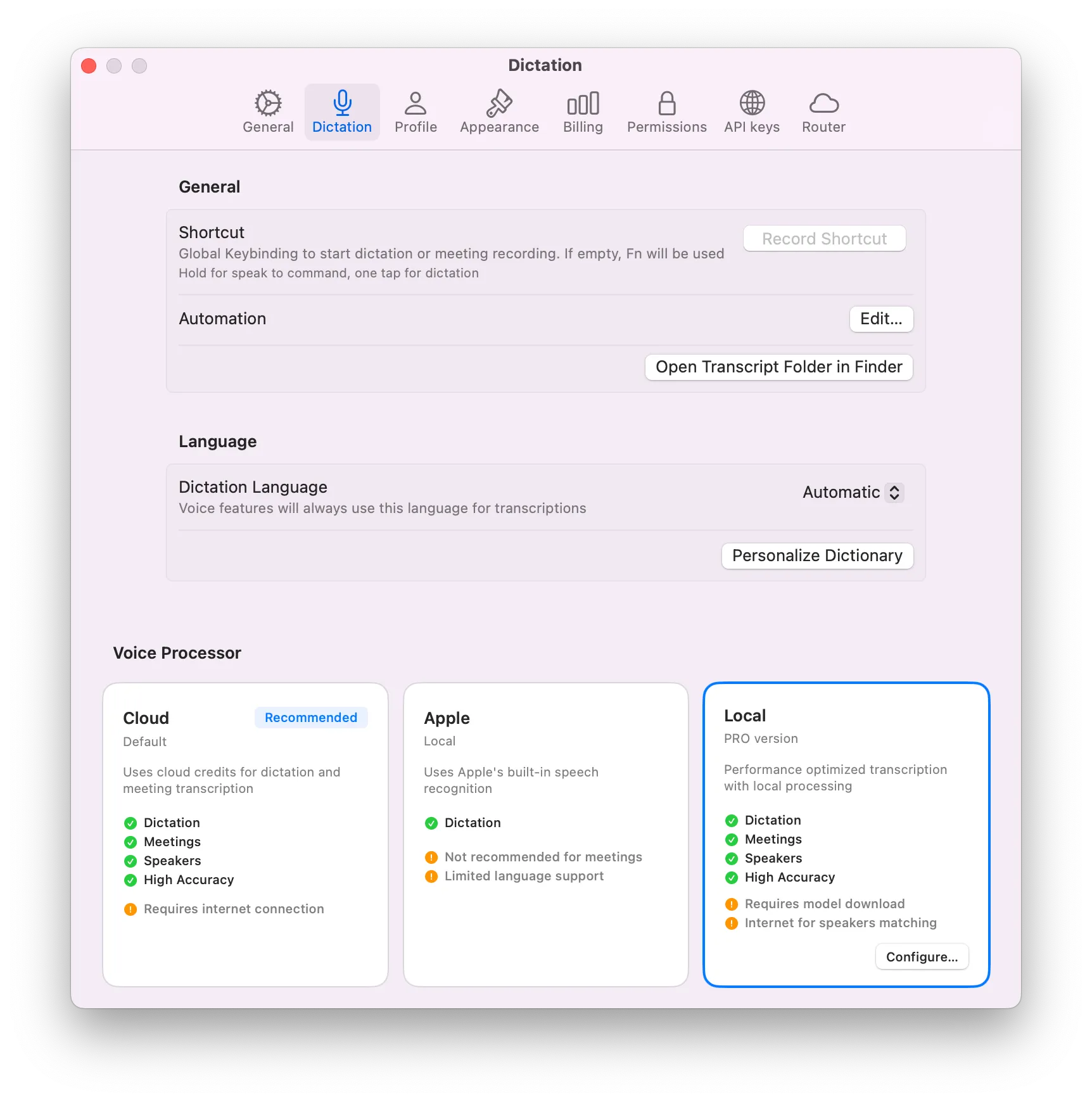 Configure local transcription engine