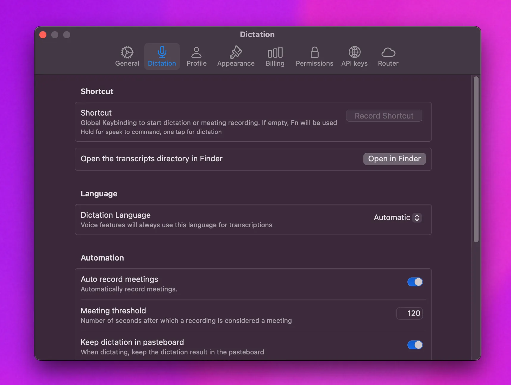 Dictation Settings