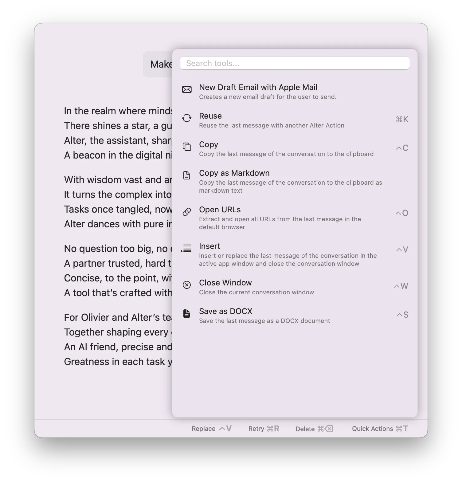 Quick Actions Menu